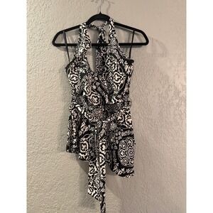 White House Black Market Halter Neck Floral Print Tie Waist Peplum Top Size 6‎